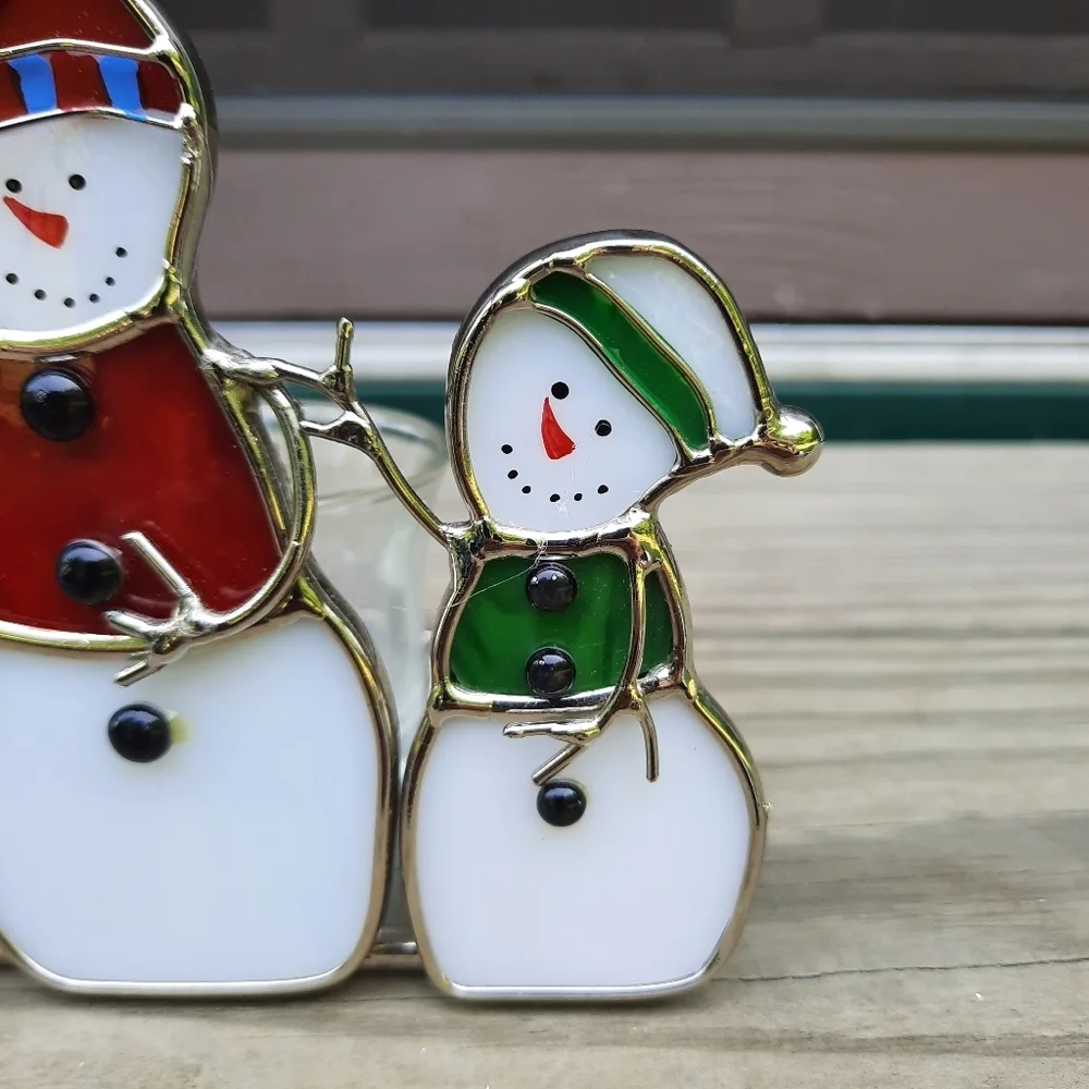 Stained Glass 3 Snowmen Votive Candle Holder Winter Christmas